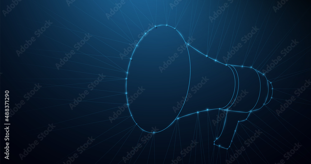 Poster megaphone icons form lines, triangles, and particle style designs. geometric wireframe