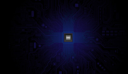 CPU Chip on Motherboard. Central Computer Processors CPU concept. Quantum computer, large data processing, database concept. Futuristic microchip processor. Digital chip.