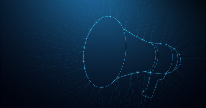 Megaphone icons form lines, triangles, and particle style designs. geometric wireframe