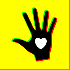 Obraz premium Heart icon in human hand isolated on yellow background. Illustration.