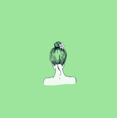 girl with a beam on his head with flower. nape of girl with hairstyle. vector linear illustration