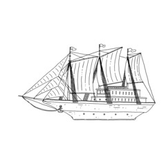 Sea sailboat line art. Modern ship with sails doodle black white sketch isolated illustration.