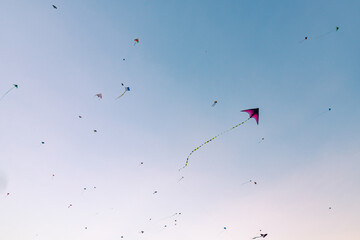 Many different kites are flying in the sky