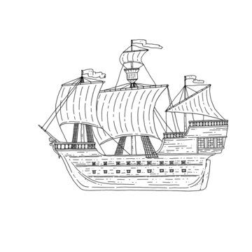 recommend clip art: Sea sailboat line art. Ship with sails doodle black white sketch isolated illustration.