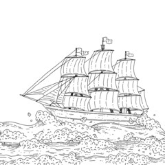Old sailboat on the sea waves. Ship with sails doodle black white line sketch isolated illustration.