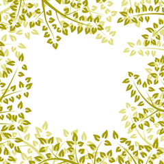 Bordered square frame from forest bounded at the edges by stylized branches with leaves.