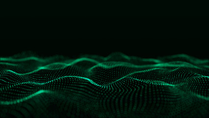 Futuristic digital wave. Dark cyberspace. Abstract wave with dots. White moving particles on background. 3d rendering.