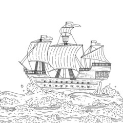 Old sailboat on the sea waves. Ship with sails doodle black white line sketch isolated illustration.