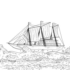 Sailboat on the sea waves. Modern ship with sails doodle black white line sketch isolated illustration.
