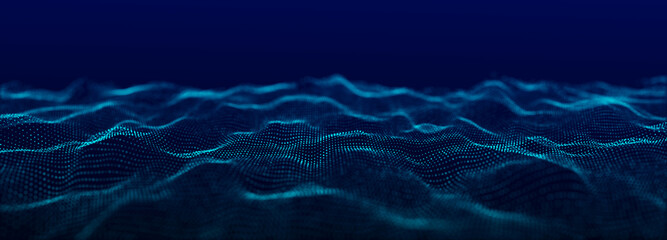 Futuristic digital wave. Dark cyberspace. Abstract wave with dots. White moving particles on background. 3d rendering.