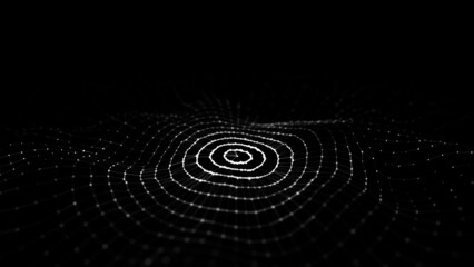 Futuristic wave. Dark cyberspace. Abstract music sound wave with dots. White moving particles on a black background. 3d rendering.