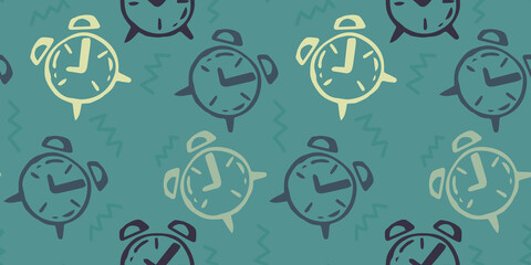 seamless pattern with alarm clocks in trendy colors. texture grunge background