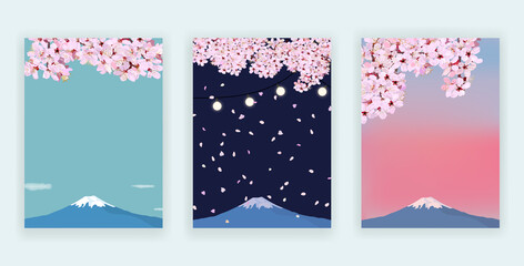 Three landscapes of Mt. Fuji and cherry blossoms. Card type set. vector illustration, copy space, petals, spring, greeting card, invitation, poster, flyer, website