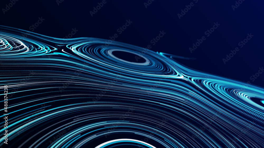 Poster flow of particles. big data visualization. digital technology wave. futuristic cyberspace. abstract 
