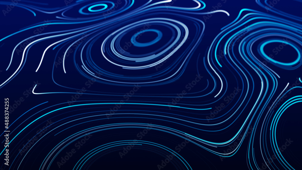 Poster flow of particles. big data visualization. digital technology wave. futuristic cyberspace. abstract 