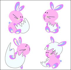 happy easter animal rabbits, cute baby rabbits with eggshell and easter eggs, vector illustration on a white background