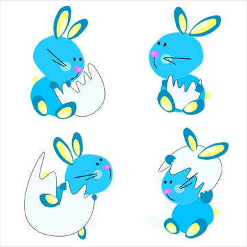 happy easter animal rabbits in blue color, cute baby rabbits with eggshell and easter eggs, vector illustration on white background