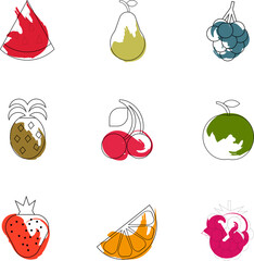 LINEAR ICONS, COLORED, FRUITS AND BERRIES