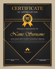 royal dark black certificate template with gold lines and emblem by vector design