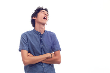 Young man with bored and asleep. Isolated white background.