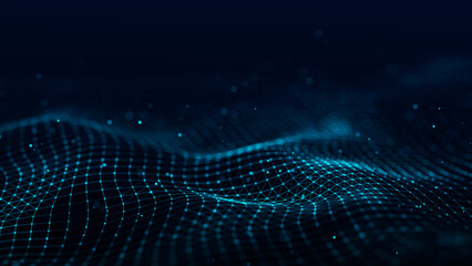 Abstract technology wave of particles. Big data visualization. Background with motion dots. Artificial intelligence.