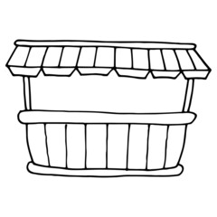 drawing of the commodity market. outdoor kiosk wooden counter with fabric awning on top with stripes, black insulated contour on white for design template