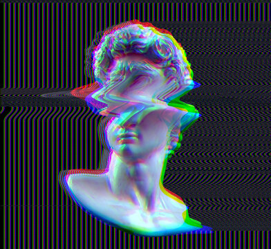 Glitch Art. 3D Rendering Concept Illustration Of Corrupted Graphics In Vintage CRT TV Style Glitch Deformed Classical Head Marble Sculpture On RGB Scanlines Dark Background.