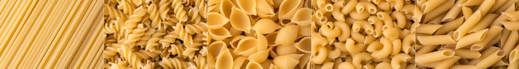 different variety of uncooked pasta, taken from above, closeup macro, spaghetti collection