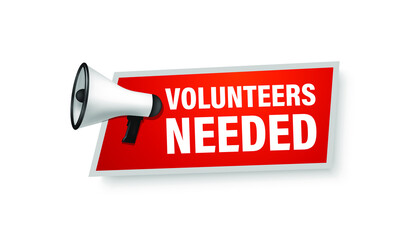 Volunteers needed red banner with megaphone in 3d style. Vector illustration.