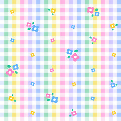 Rainbow Purple Blue Green Yellow Orange Pink Cute Daisy Flower Colorful Plaid Gingham Pattern Background Vector Cartoon Illustration Tablecloth, Picnic mat wrap paper, Mat, Fabric, Textile, Scarf.