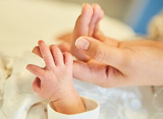 The small hands of a newborn baby in the hands of his mother. The concept of motherhood and childhood.