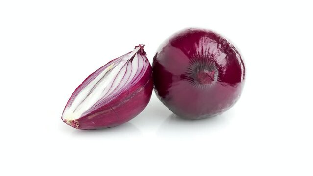 sliced red onion isolated on white background