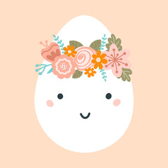 Illustration cute easter egg in pastel colors. Spring character with wreath flowers. Vector