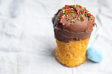 easter cake chocolate glaze easter holiday pastry kulich homemade dessert celebratory christian holiday orthodox easter treat healthy meal food snack on the table copy space food background 