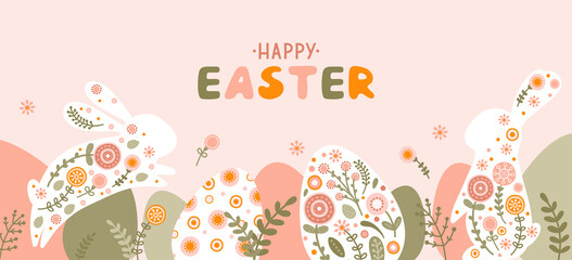 Template with silhouette Easter egg, rabbit and flowers in pastel colors. Illustration folklore spring eggs and hare in flat style and space for your text. Vector
