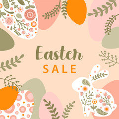 Sale templates with silhouette Easter egg, rabbit and flowers in pastel colors. Illustration folklore cute spring eggs and hare in flat style and space for your text. Vector