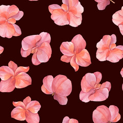 Watercolor seamless pattern of orchid flowers. Abstract background for design, wallpapers, wrapping paper. Orchid flowers ornament on a bright background.