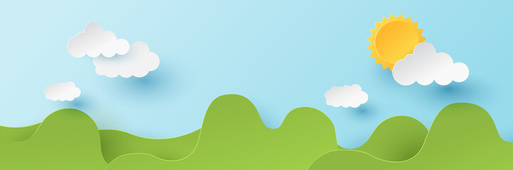 Fototapeta premium Summer time background. Nature landscape. Paper cut and craft style illustration