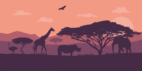 Amazing sunset and sunrise. Panorama silhouette tree in africa with sunset. Dark tree on open field dramatic sunrise.Safari theme.Giraffes , elephant , Rhino ,Birds. EPS - obrazy, fototapety, plakaty
