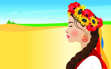 A beautiful Ukrainian girl in profile in a national costume, in a wreath and with a long braid against the backdrop of a landscape with a yellow wheat field and a blue sky. Vector illustration