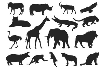 African animal set - black vector silhouette. Collection of various mammals of Africa. EPS