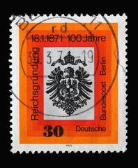 Stamp printed in Germany shows Imperial Eagle with large breast shield and Crown, Centenary of Empire Foundation, circa 1971