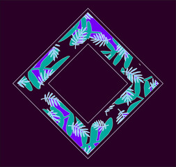 rhombus frame of leaves in trendy colors. the square is bright, with bright turquoise and purple colored leaves, of different sizes with a space for text, label, invitation, retro style