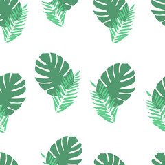 seamless pattern green monstera and palm leaves on white background