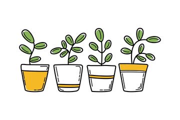Pots with seedlings. Simple colored icons of pots with plant sprouts, hand-drawn. Doodles. Houseplants, gardening. Cultivation of garden plants. Growing process. Vector illustration 