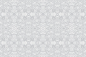 Embossed ethnic white background, openwork cover design. Geometric ornamental 3D pattern. Artistic creativity of the peoples of the East, Asia, India, Mexico, Aztecs in the style of folk traditions.