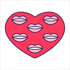 Retro Valentine Day icon heart. Love symbols in the fashionable pop line art style. The figure of a heart in soft pink, red and coral color. Vector illustration isolated on white.