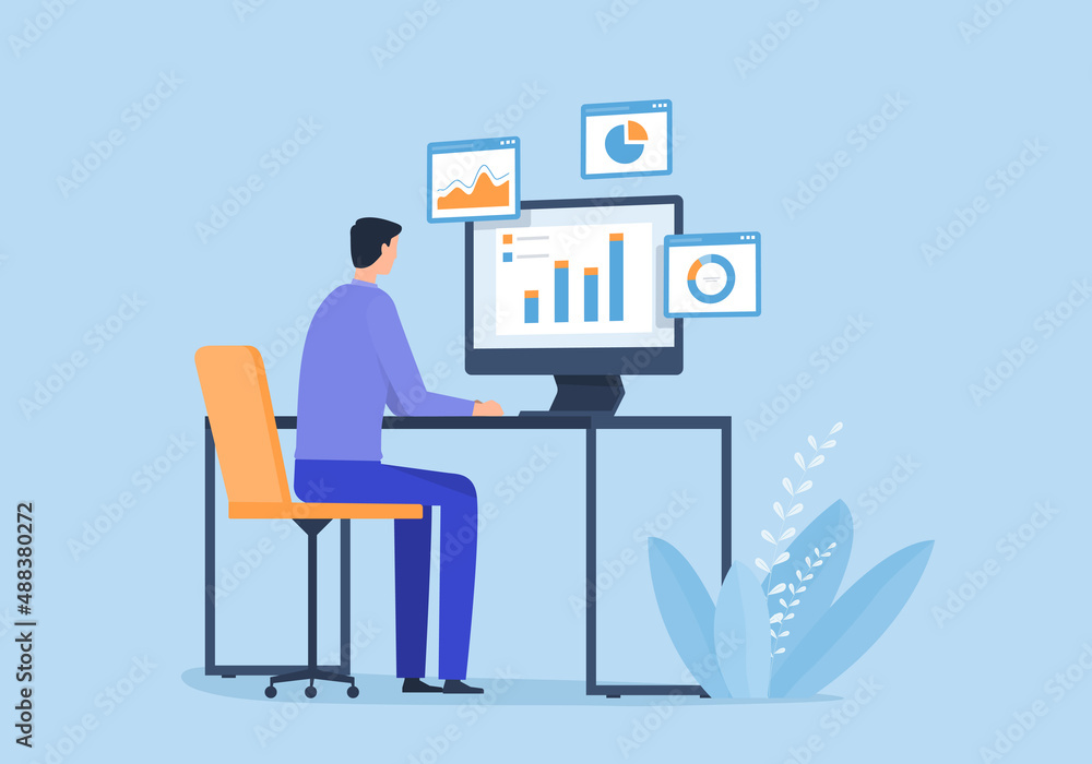 Poster Businessman working on computer concept analytics graph report on monitoring dashboard for marketing planning and finance investment concept