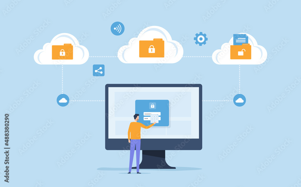 Poster Business cloud storage server network security with people key password login to web administration on monitor concept. Flat vector illustration design.