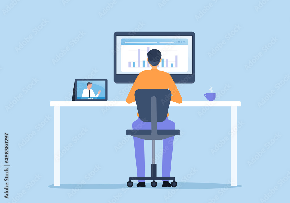 Poster flat vector business man working on monitor computer and design concept technology smart working online connect anywhere concept